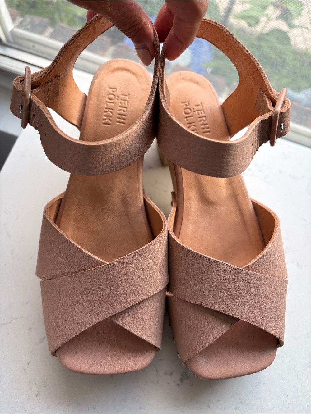 Anthropologie Women's Blush Pink Cross-Strap Sandals with Ankle Buckle
